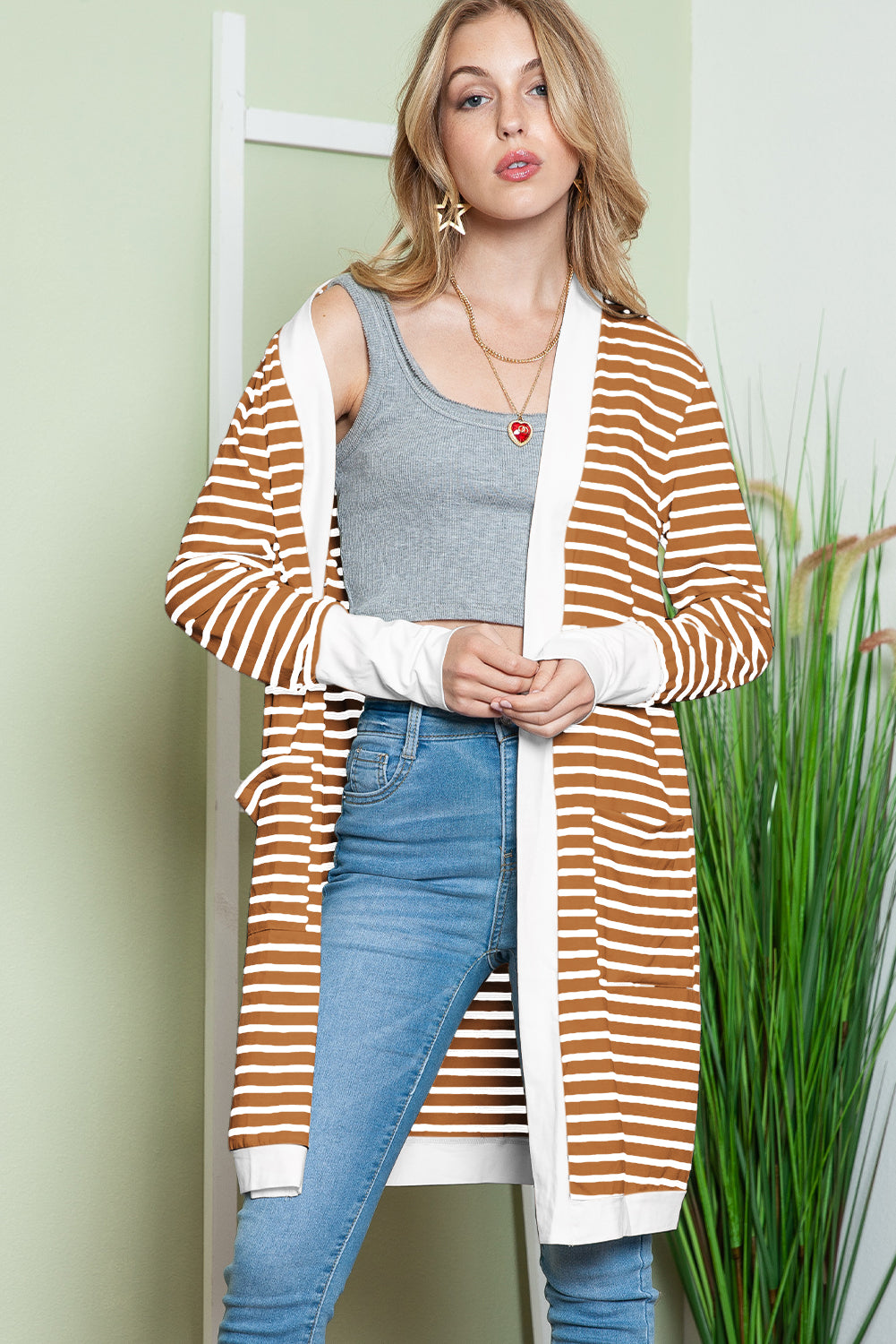 Brown Striped Side Pockets Open Front Long Cardigan