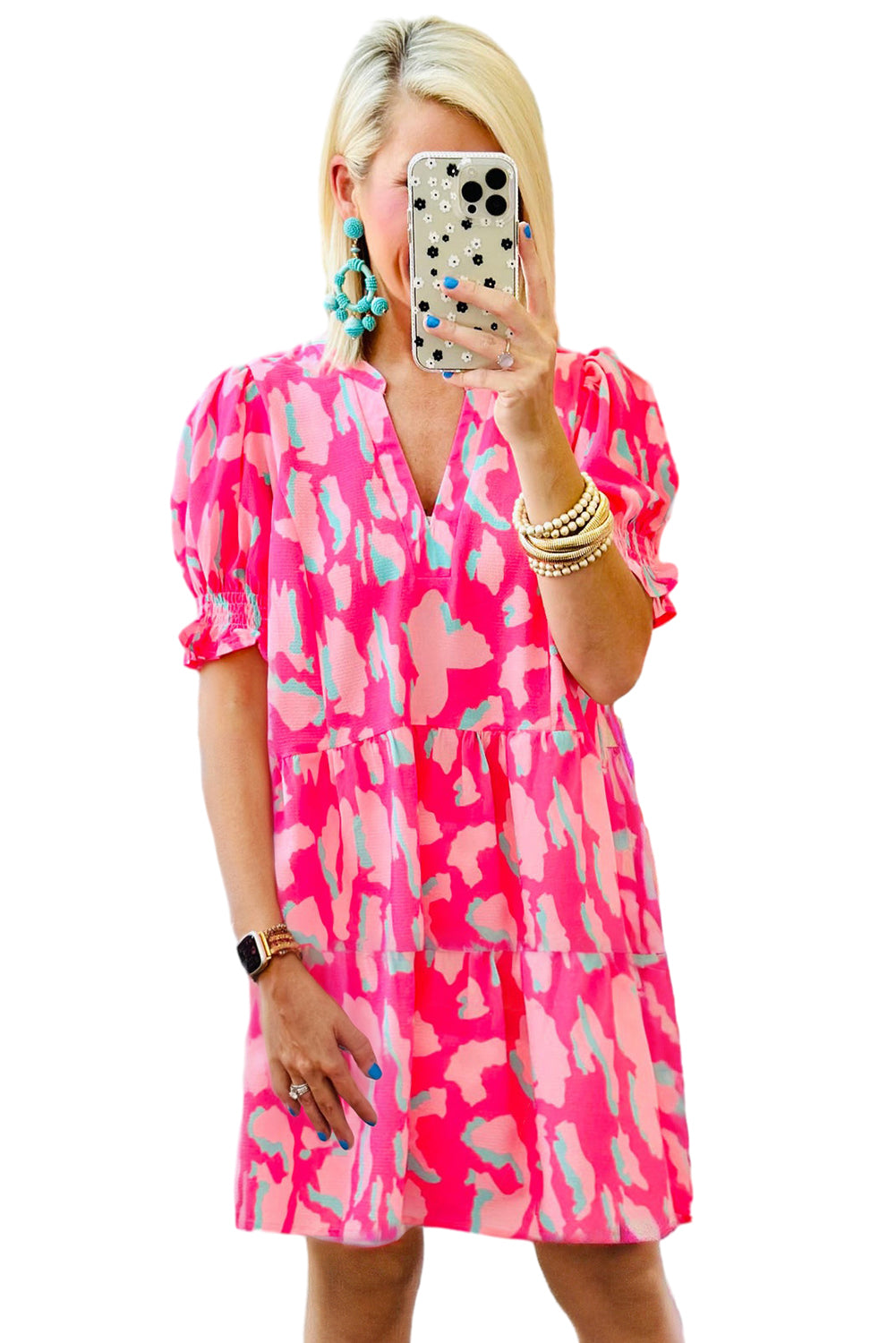 Pink Abstract Print V Neck Smocked Sleeve Mini DressMaterial:100%Polyester


	


		Stand out in style with our mini dress, featuring a unique print and flattering silhouette that exudes charm and sophistication.
