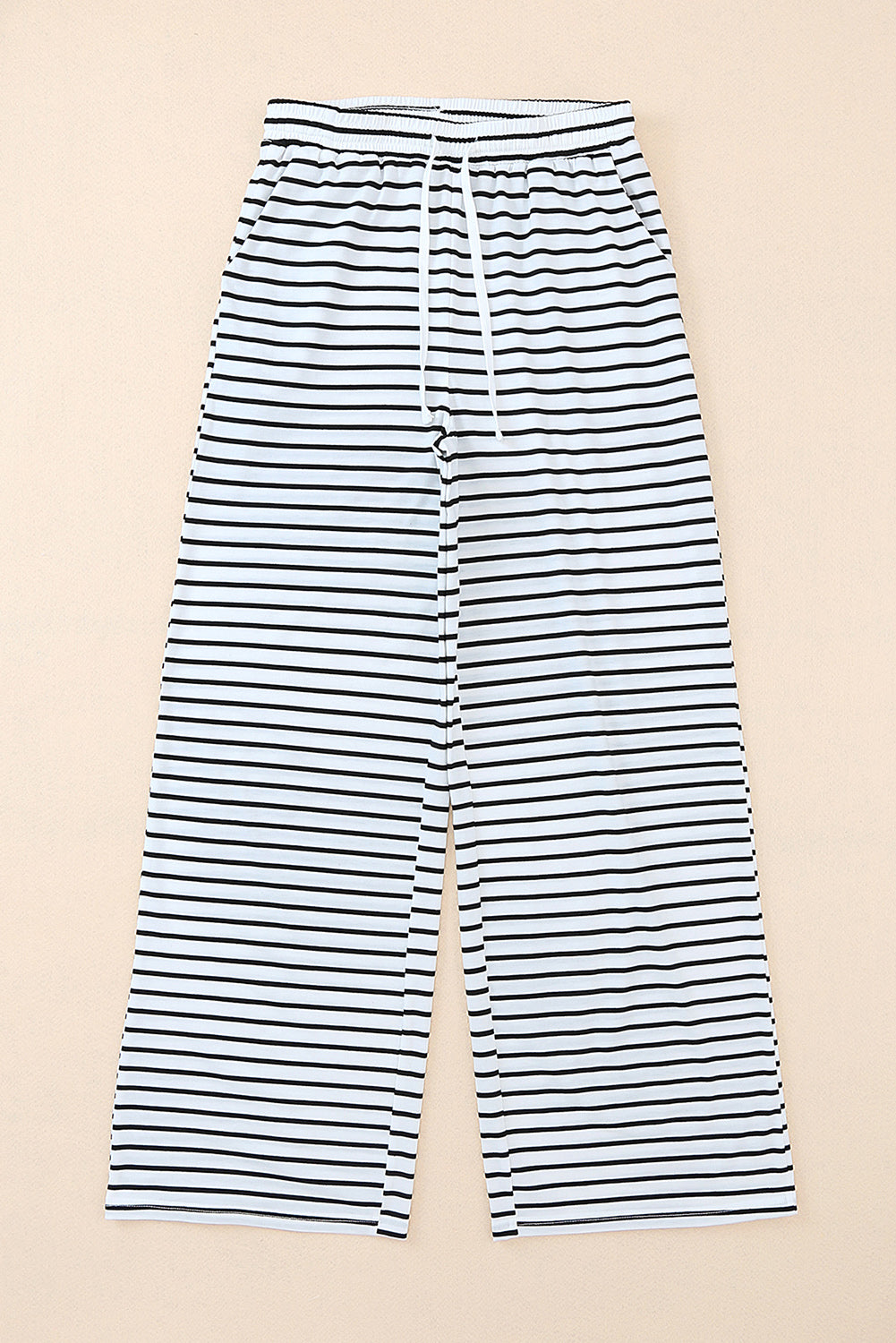 White Striped Casual Drawstring Wide Leg Pants with PocketsMaterial:85%Polyester+10%Cotton+5%Elastane



		•Ideal for casual occasions and warmer weather.
	
	
		•Adjustable drawstring waist for a customizable fit.
	
	