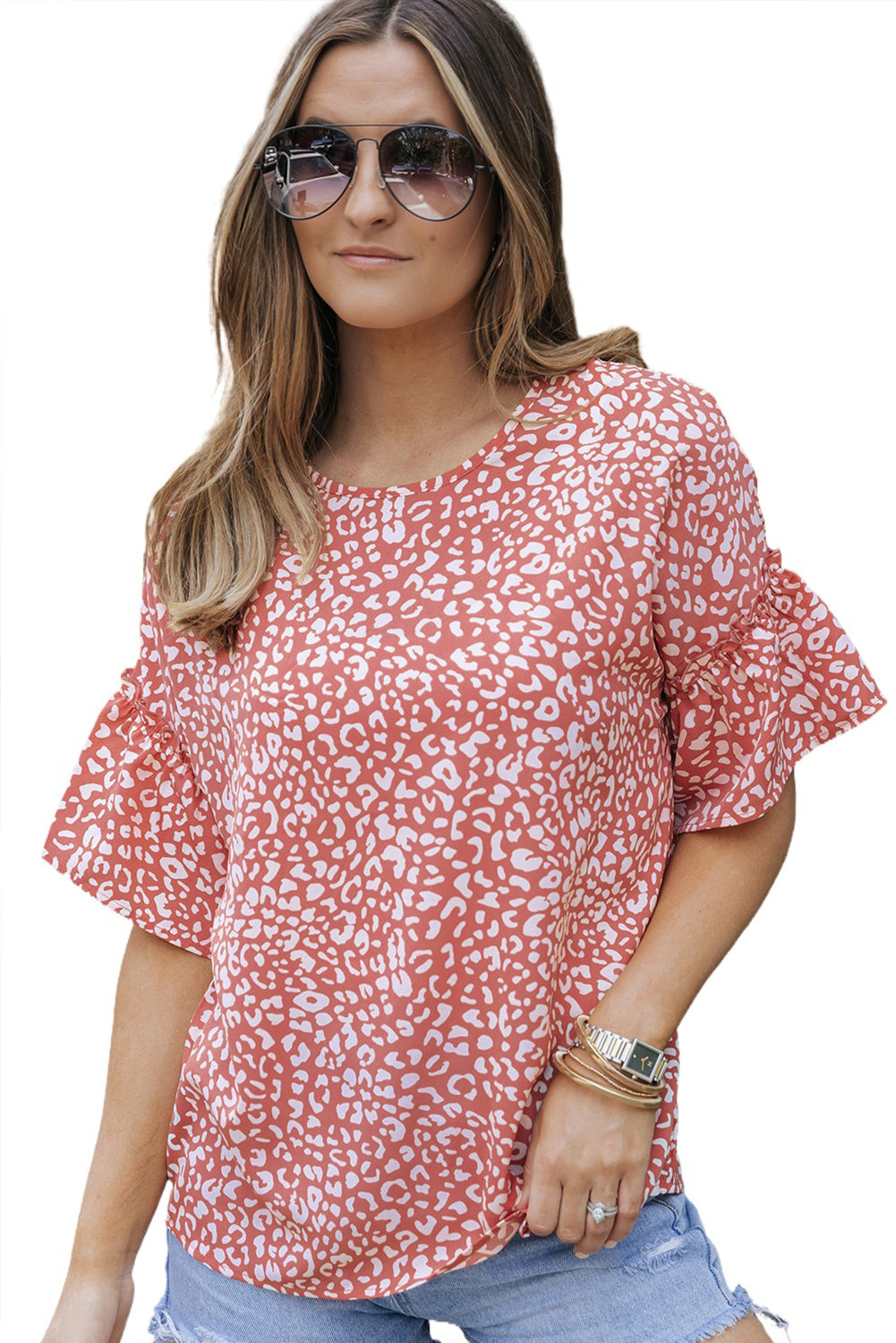 Pink Leopard Print Casual Flounce Sleeve Blouse for WomenMaterial:100%Polyester



		•A stylish, trendy way to add a touch of animal print to your wardrobe.
	
	
		•The flounce sleeves add a playful touch to a classic 