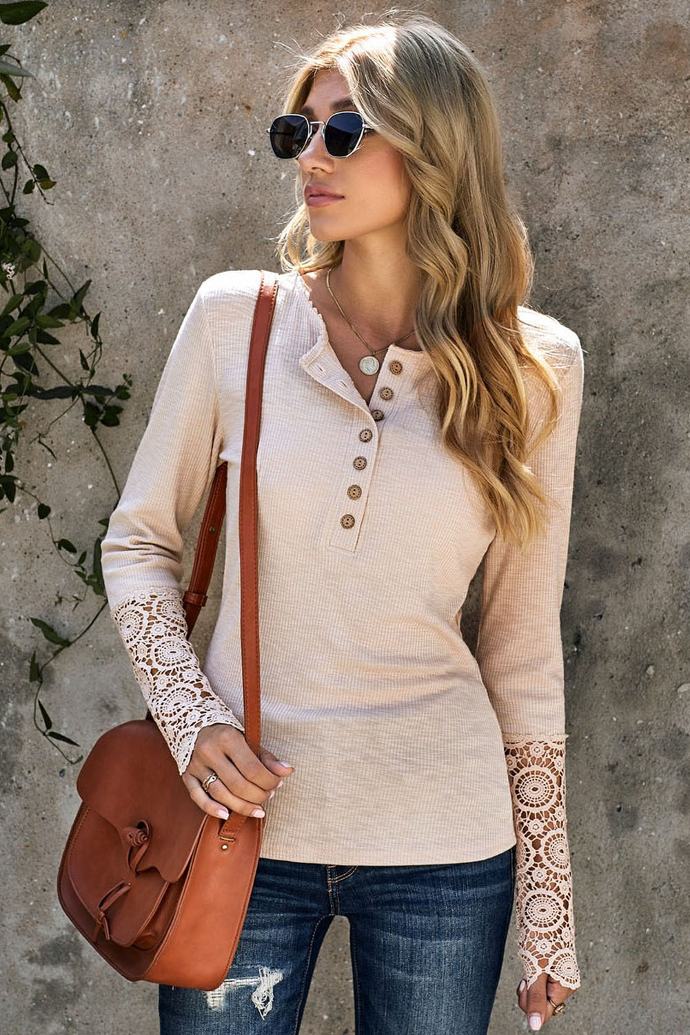 Black Ribbed Lace Crochet Long Sleeve Henley Shirt