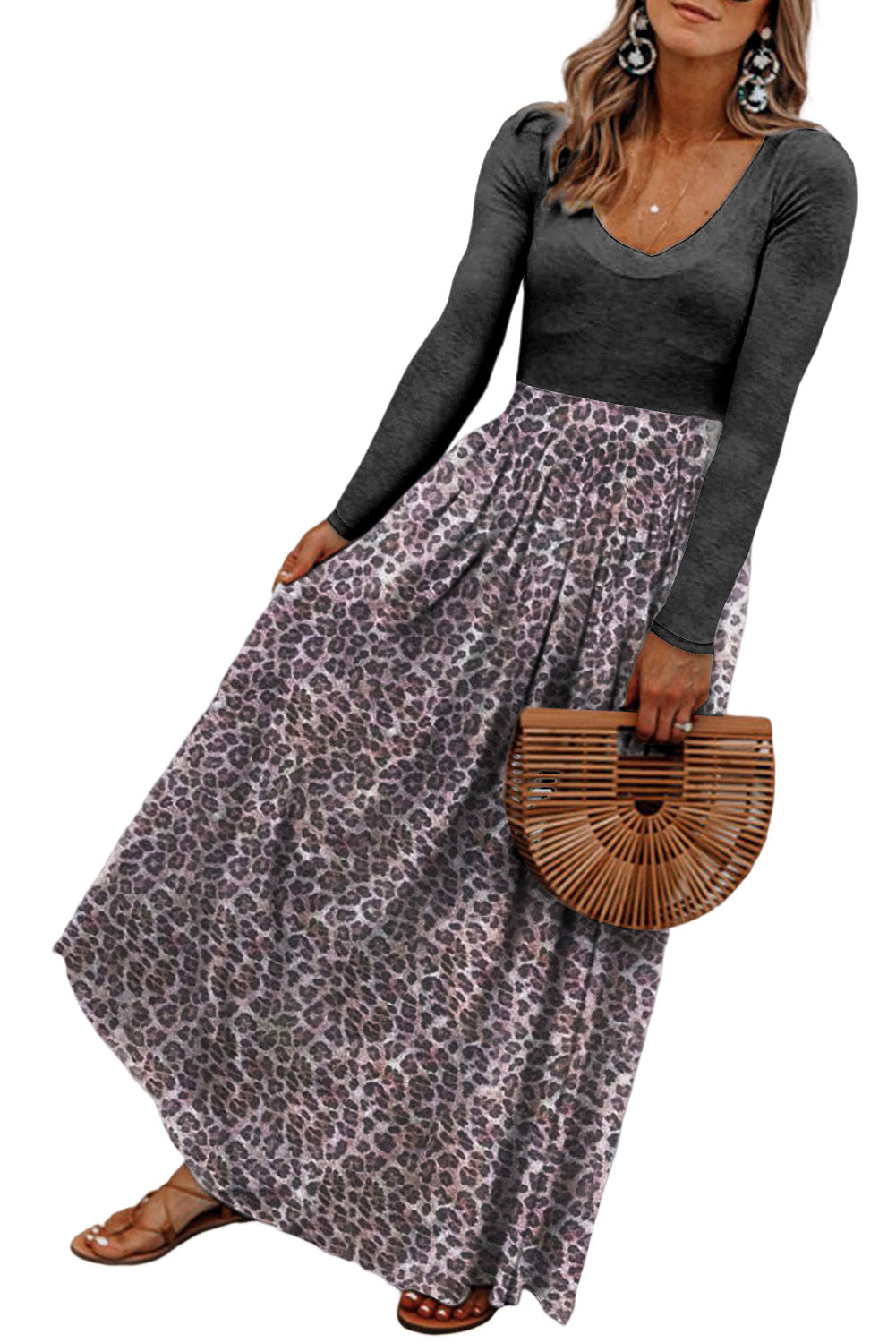 Black and Leopard Print Long Sleeve Boho Maxi DressMaterial:95%POLYESTER+5%ELASTANE



		• Made from high-quality materials, this dress is comfortable and durable, ensuring it will be a staple in any wardrobe for y