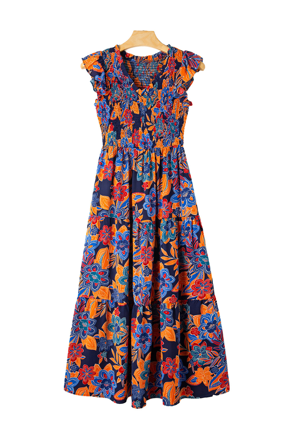 Dark Blue Boho Floral V Neck Ruffle Tiered Long DressMaterial:100%Polyester



		This flirty and fun dress is designed to captivate attention with its stunning floral print. 
	
	
		The smocked bodice and tiered A-