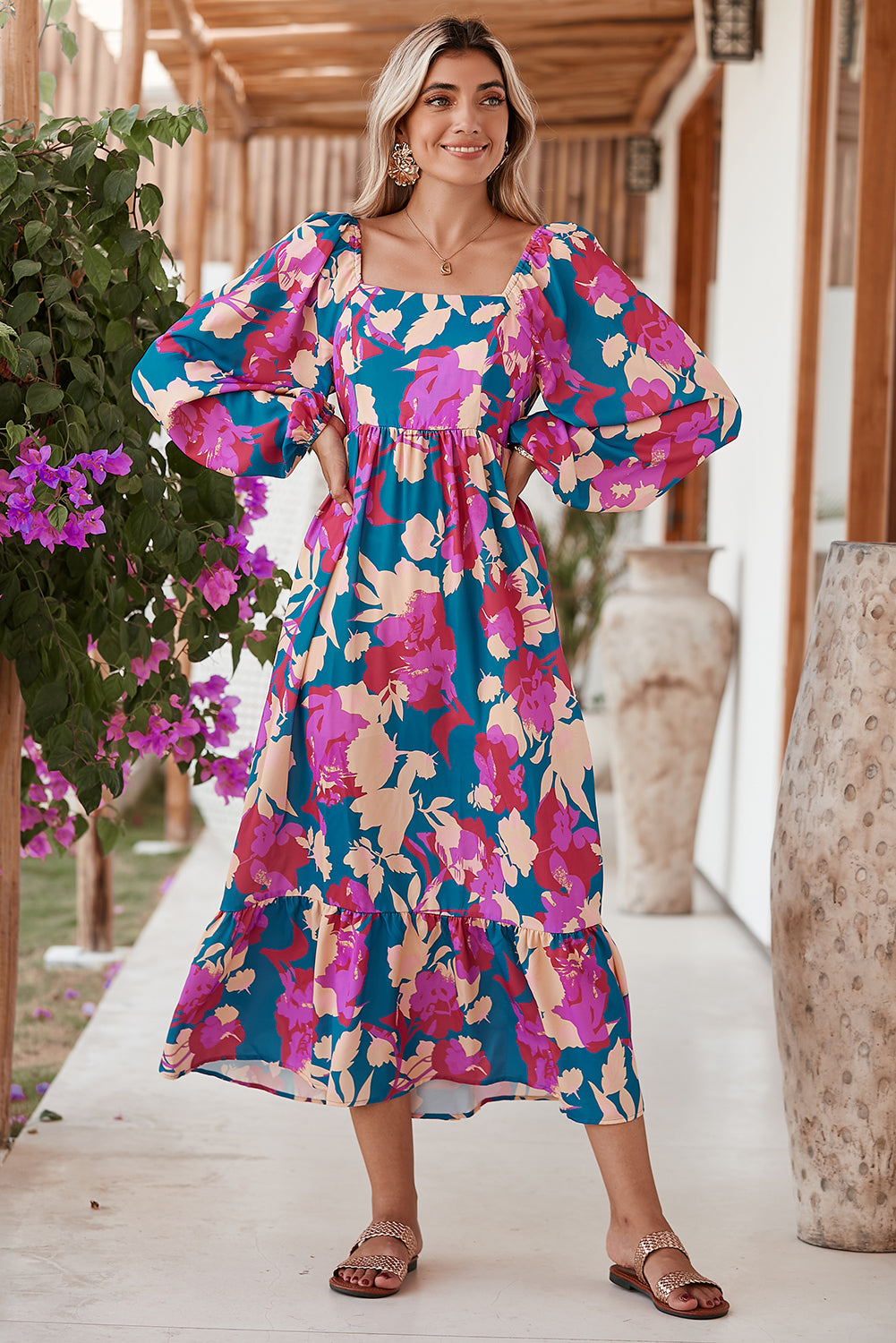 Multicolor Boho Floral Print Square Neck Ruffle Midi DressMaterial:100%Polyester



		This puff-sleeve dress brings a touch of vintage charm and whimsy
	
	
		Embrace the beauty of nature with the captivating floral pri