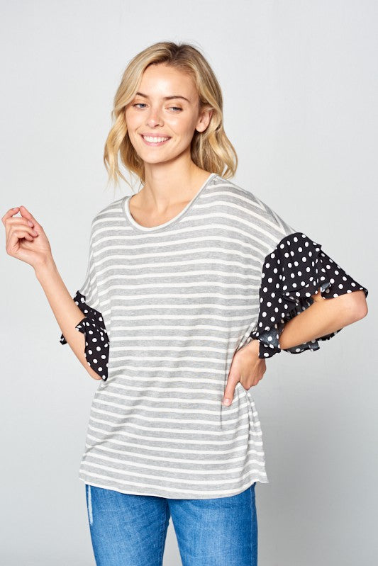 POLKA DOT RUFFLE SLEEVE TOPSTRIPE JERSEY WOVEN POLKA DOT MIX AND MATCH ROUND NECK RUFFLE SLEEVE TOP95% RAYON, 5% SPANDEX MADE IN USAS/M/L 2-2-2
Style: Casual
Print / Pattern: STRIPE and POLKA 