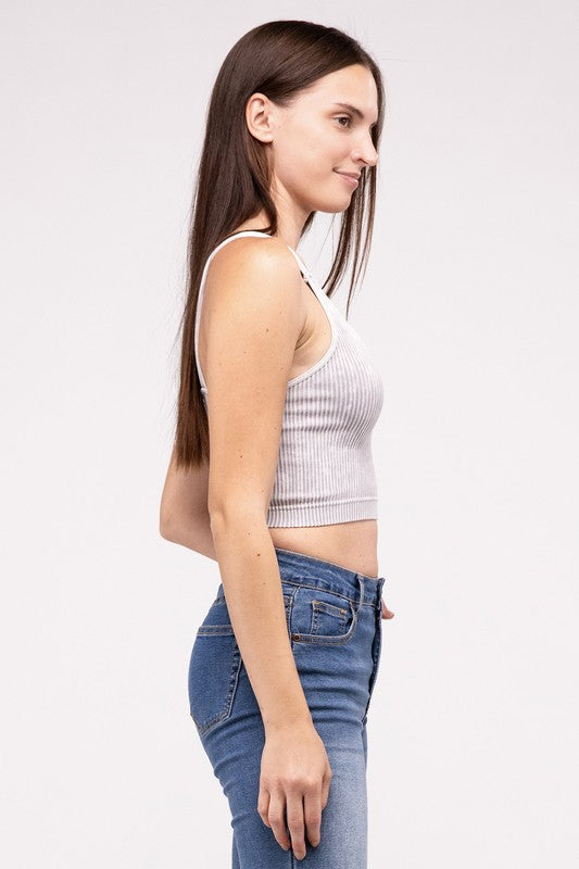 Washed Ribbed Cropped V-Neck Tank TopThe Washed Ribbed Cropped V-Neck Tank Top offers a stylish and comfortable option for your wardrobe. Made from ribbed fabric with a washed finish, it exudes a casual