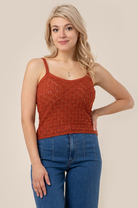 Crochet knit tank- Crochet knit tank- Pattern type : solid- Sleeve length : sleeveless- Stretch : stretch- Sheer : sheer due to loose texture- Care instruction : machine wash cold, o