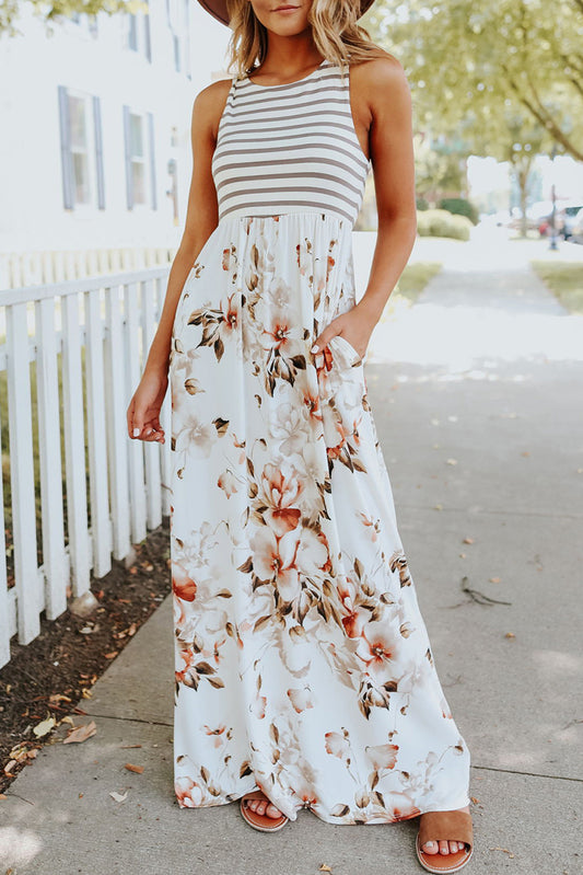 White Boho Stripes & Floral Print Floor Length Tank DressMaterial:95%POLYESTER+5%ELASTANE



		•Easy Match: This long dress goes well with sandals, high heels, a hat, or worn with a pretty necklace for a fashion look, wh