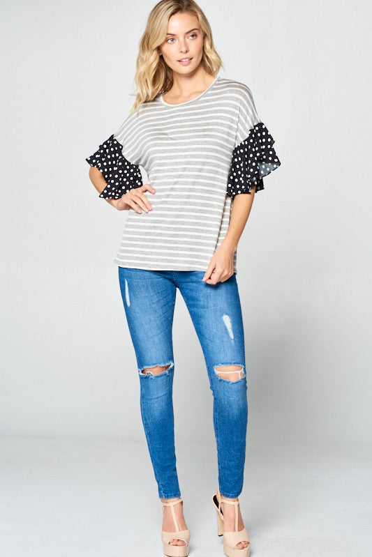 POLKA DOT RUFFLE SLEEVE TOPSTRIPE JERSEY WOVEN POLKA DOT MIX AND MATCH ROUND NECK RUFFLE SLEEVE TOP95% RAYON, 5% SPANDEX MADE IN USAS/M/L 2-2-2
Style: Casual
Print / Pattern: STRIPE and POLKA 