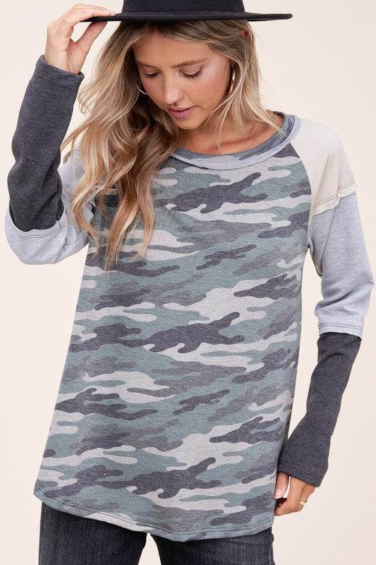 CAMOUFLAGE COLOR BLOCK TOPFRENCH TERRY CAMOUFLAGE PRINT AND SOLID COLOR BLOCKED LONG SLEEVE ROUND NECK RAW EDGE DETAIL TOP - MADE IN U.S.A.
Style: Casual
Print / Pattern: CAMOUFLAGE PRINT &am