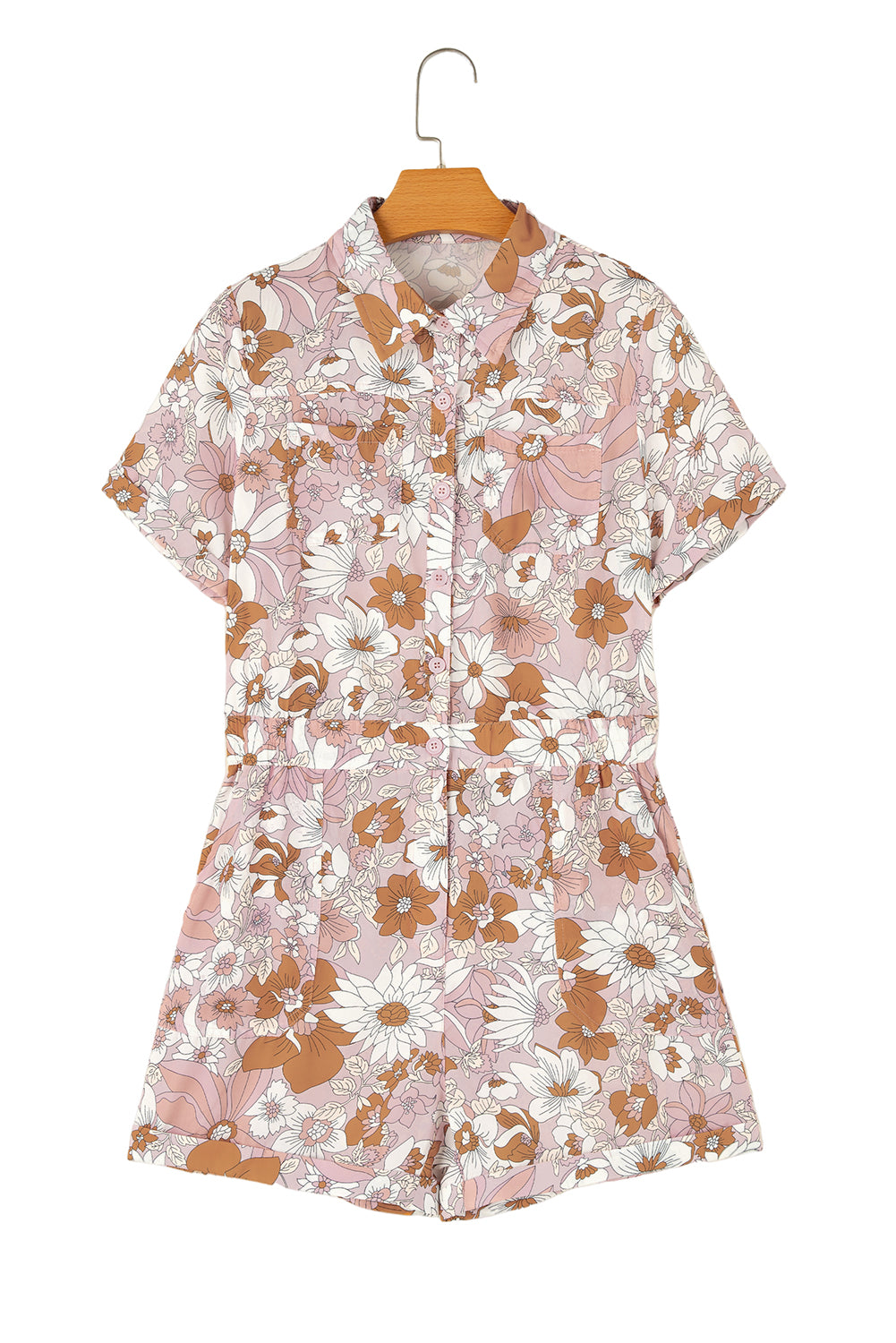 Pink Floral Print Collared Button Front RomperMaterial:100%Polyester

• Embrace a touch of femininity with the romper, featuring a delicate floral pattern that exudes charm and elegance.
• Stay comfortable and