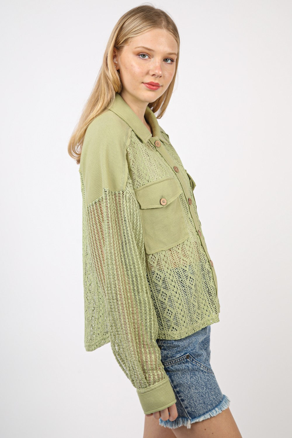 VERY J Button Up Long Sleeve Lace ShirtThis Lace Shirt features a drop shoulder design and long sleeves, creating a relaxed and casual look. The button-up style adds a touch of sophistication. The additio