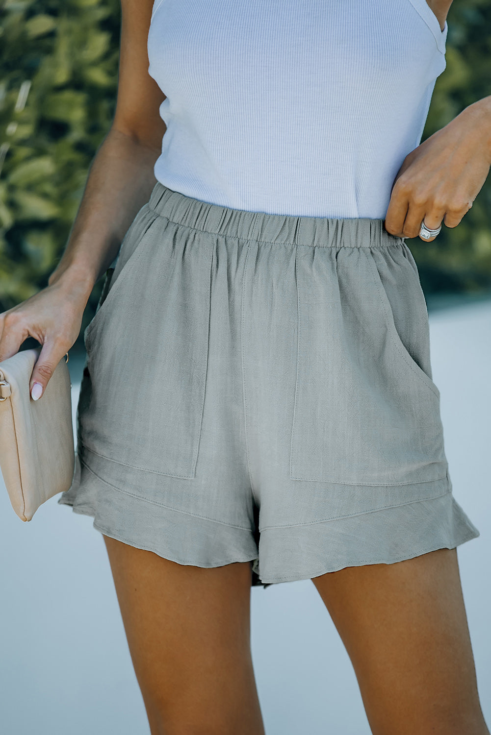 Green Casual High Waist Pocketed Ruffle Shorts