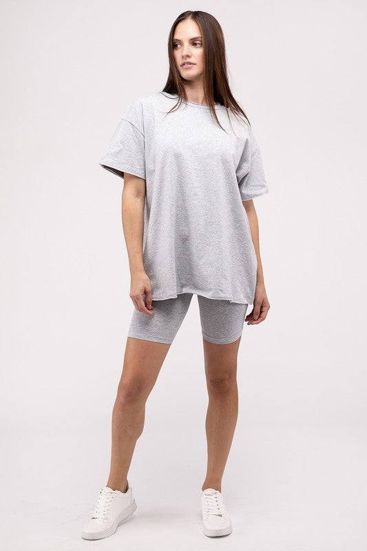 Cotton Round Neck Top & Biker Shorts SetThe Cotton Round Neck Top &amp; Biker Shorts Set is a stylish and versatile ensemble perfect for casual days or active wear. The top features a classic round necklin