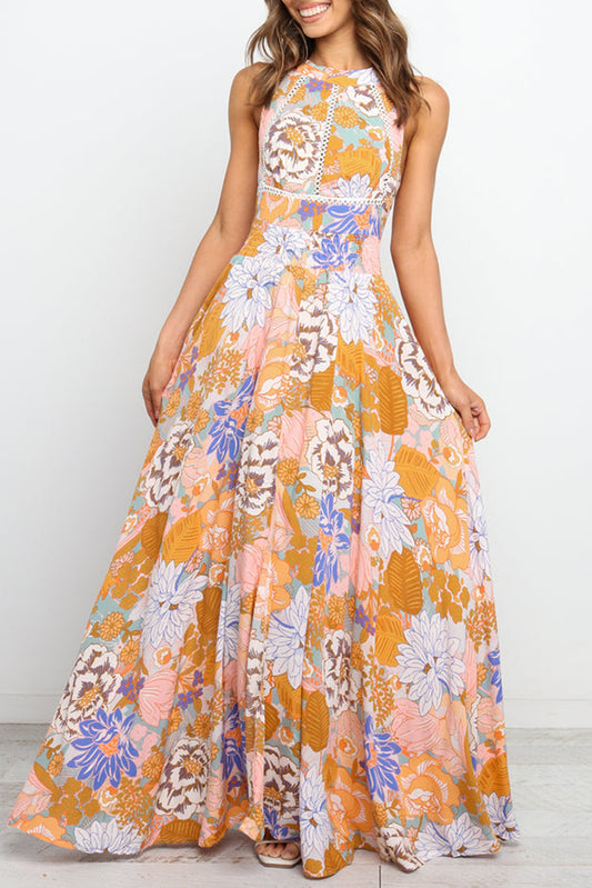 Orange Boho Floral Print Backless Lace-up Halter Maxi DressMaterial:100%Viscose



		This gorgeous floral maxi dress is perfect to make a chic statement
	
	
		It features a flattering flowy style, trim detailing on the 