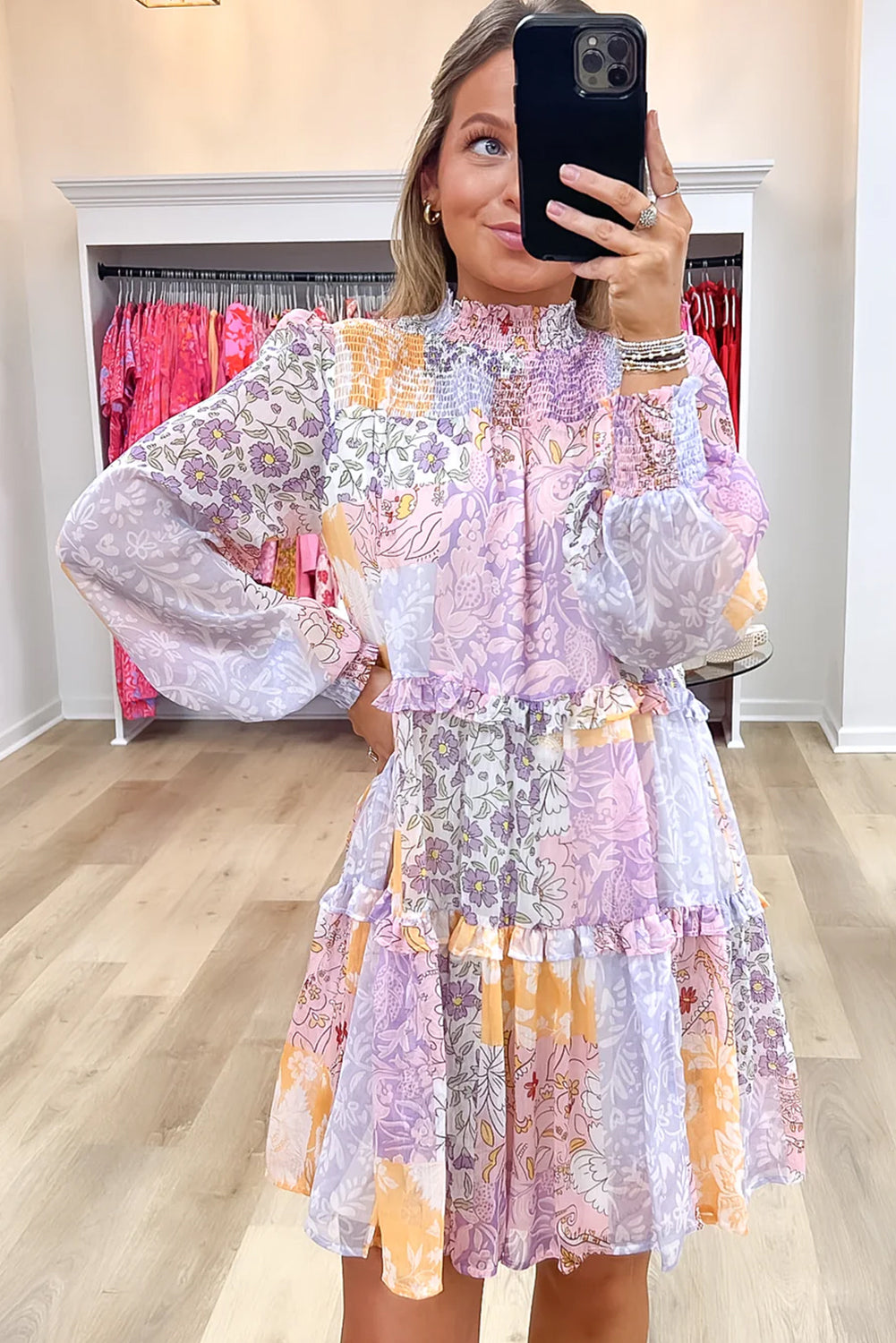 Multicolour Boho Floral Smocked Frill Mini Dress