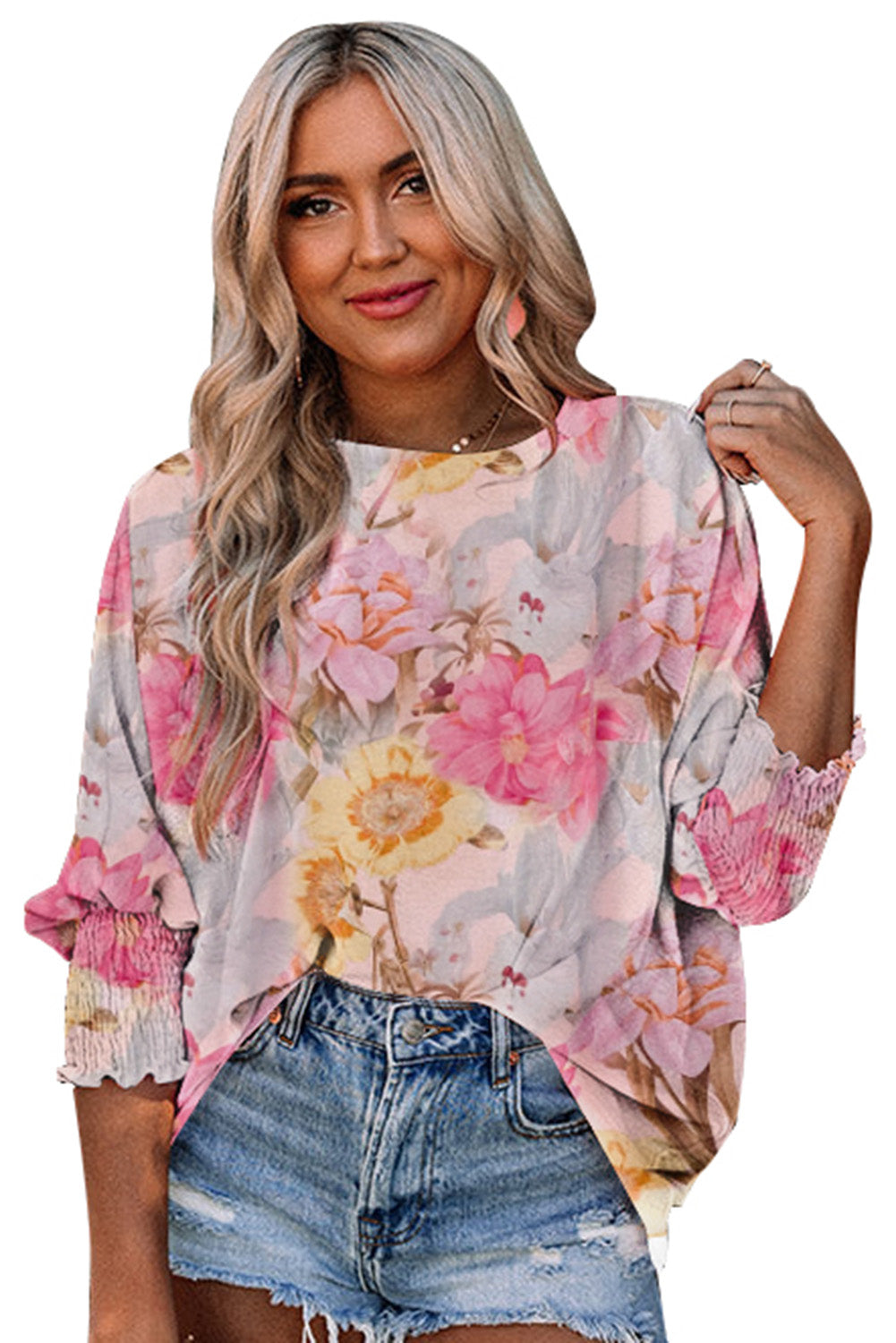 Pink Shirred Cuffs 3/4 Sleeve Loose Fit Floral BlouseMaterial:100%Polyester


	


		This pink floral blouse is the perfect blend of feminine and casual style. 
	
	
		It features a loose fit design with 3/4 sleev