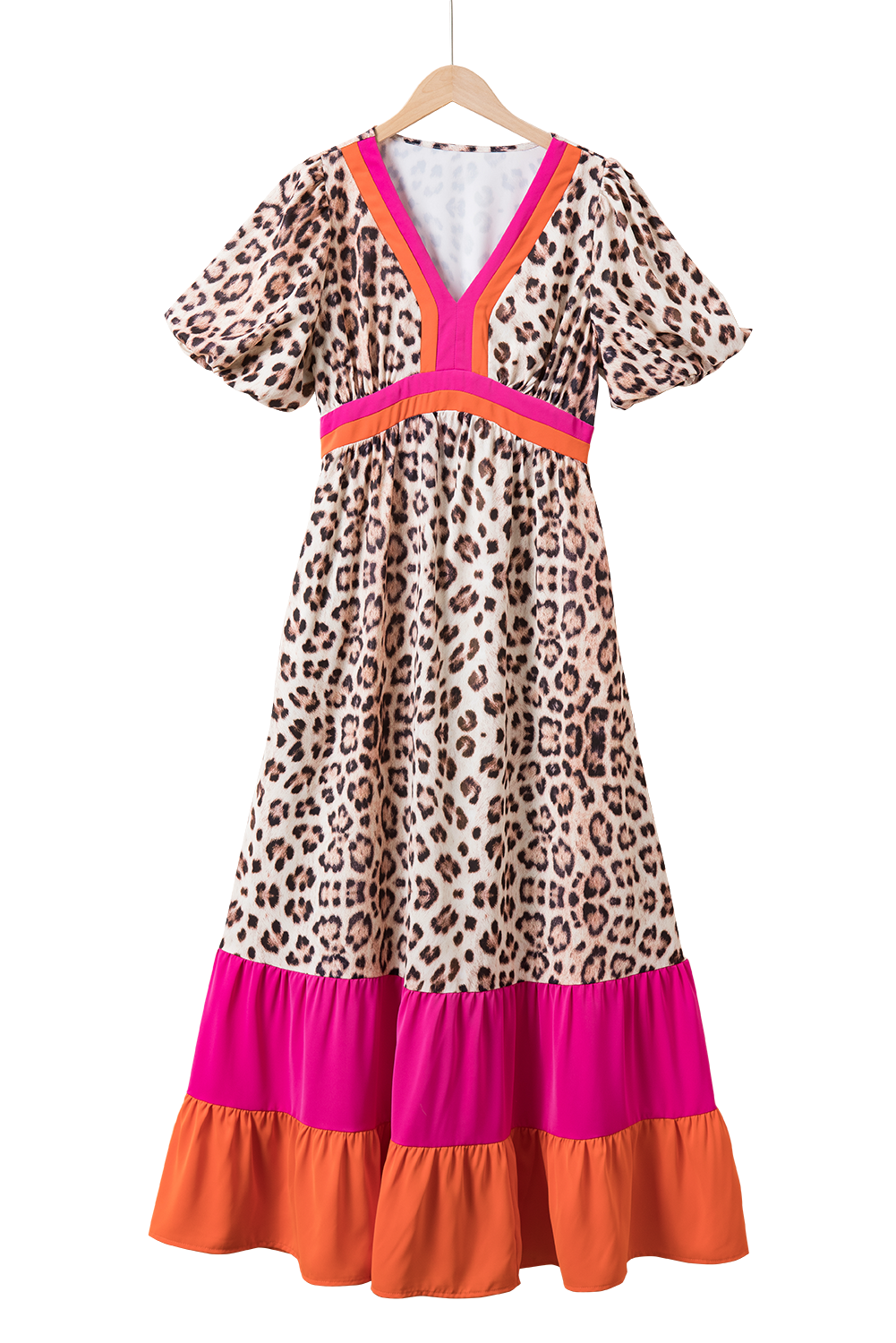 Bright Pink V-neck Leopard Print Colorblock Maxi DressMaterial:100%Polyester



		The eye-catching leopard print effortlessly adds a touch of wild sophistication, ensuring you stand out at any event or occasion.
	
	