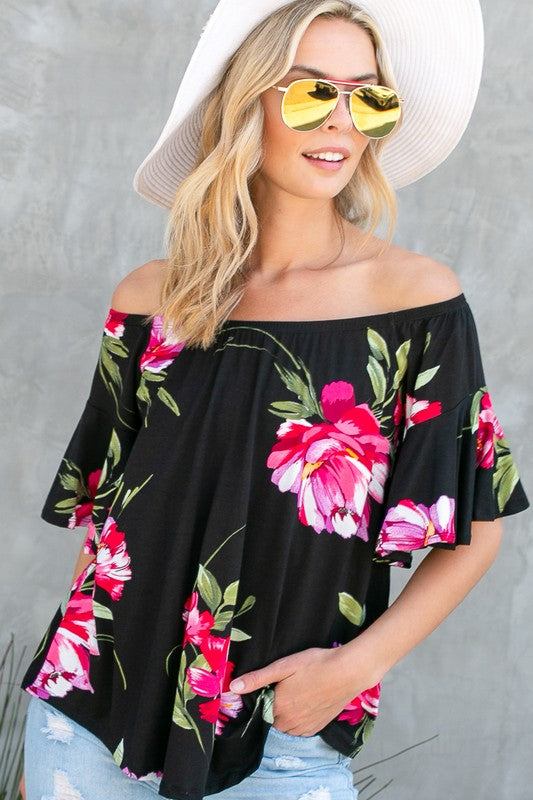 FLORAL OFF SHOULDER TOPFLORAL PRINT JERSEY ELASTICIZED OFF SHOULDER TOP- Floral off shoulder top- Elasticized off shoulder neckline- Ruffle short sleeves- Loose fit- Allover floral print j