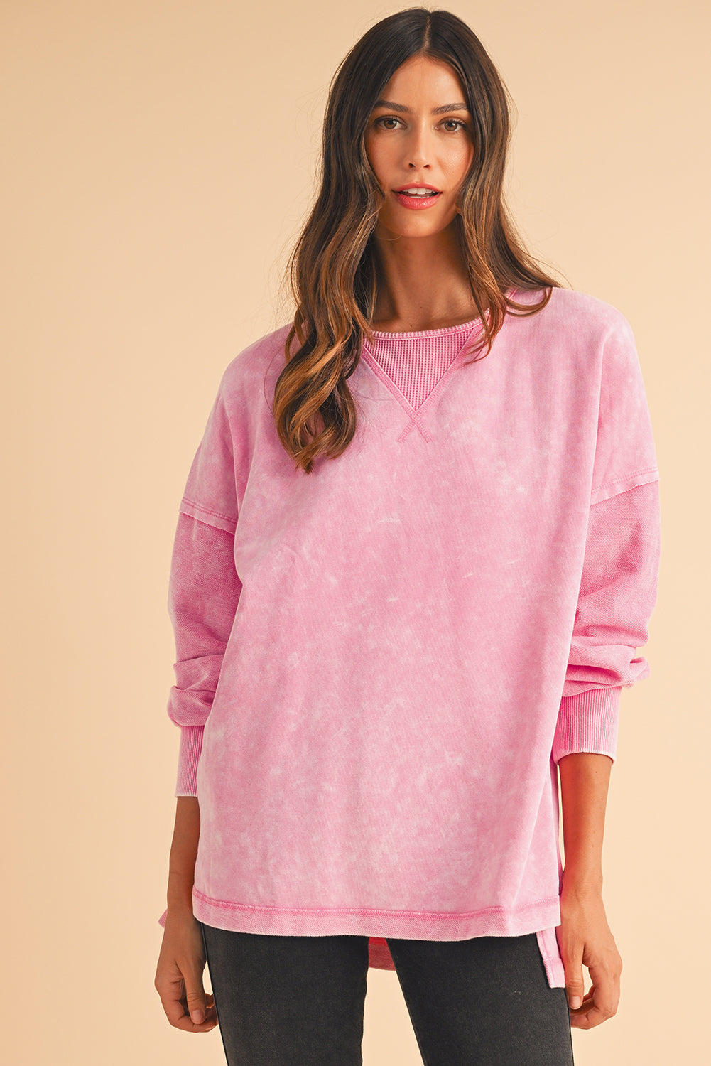 Orchid Petal Mineral Wash Drop Shoulder Oversized SweatshirtMaterial:85%Cotton+15%Polyester

• The unique patchwork design adds a stylish twist to your casual look.
• Enjoy the comfort of the oversized fit and drop shoulder