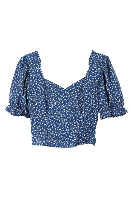 SS puff sleeve top*Flirty neckline with puff sleeve top *Pattern type : floral print*Neck line : sweetheart neck*Sleeve type : puff sleeves*Sleeve length : short sleeves*Stretch : no 