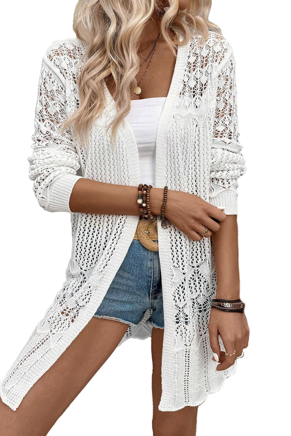 Black Hollow Out Crochet Open Front Long Cardigan