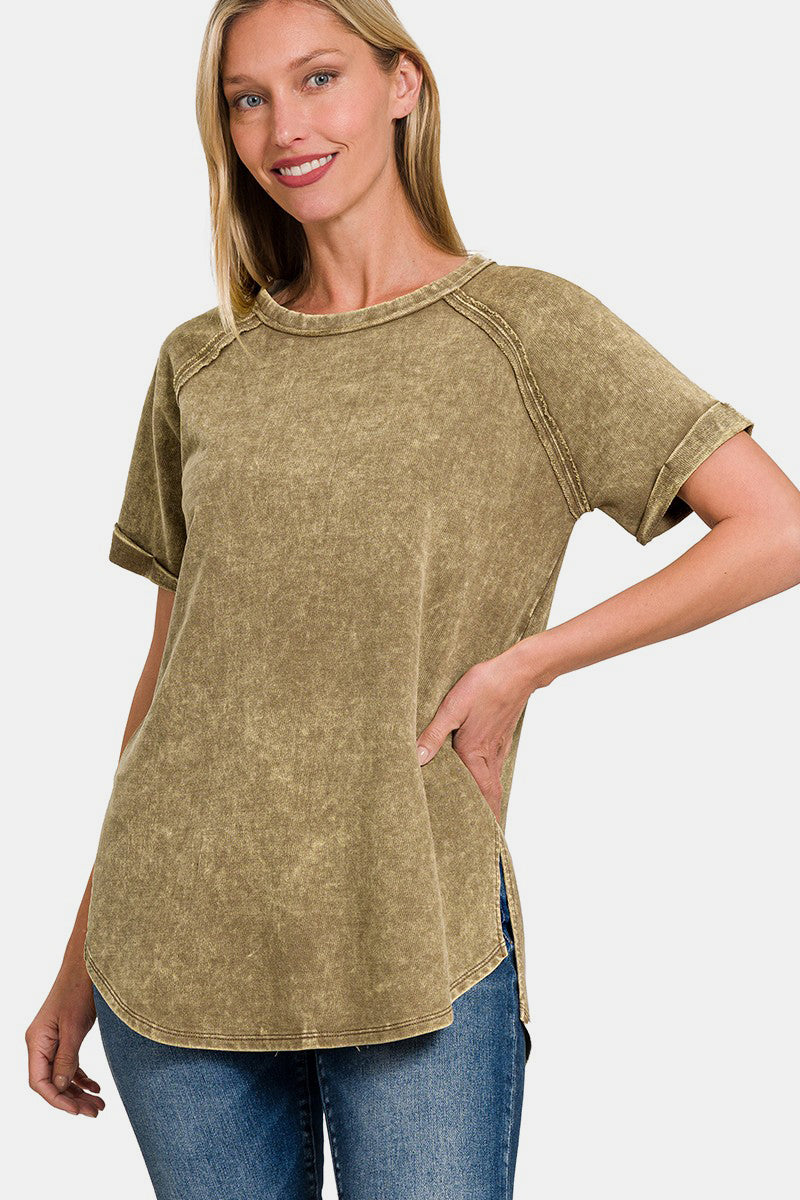 Zenana Heathered Round Neck Short Sleeve TopThe Heathered Round Neck Short Sleeve Blouse is a versatile and timeless piece that belongs in every wardrobe. With its heathered texture and round neckline, this bl