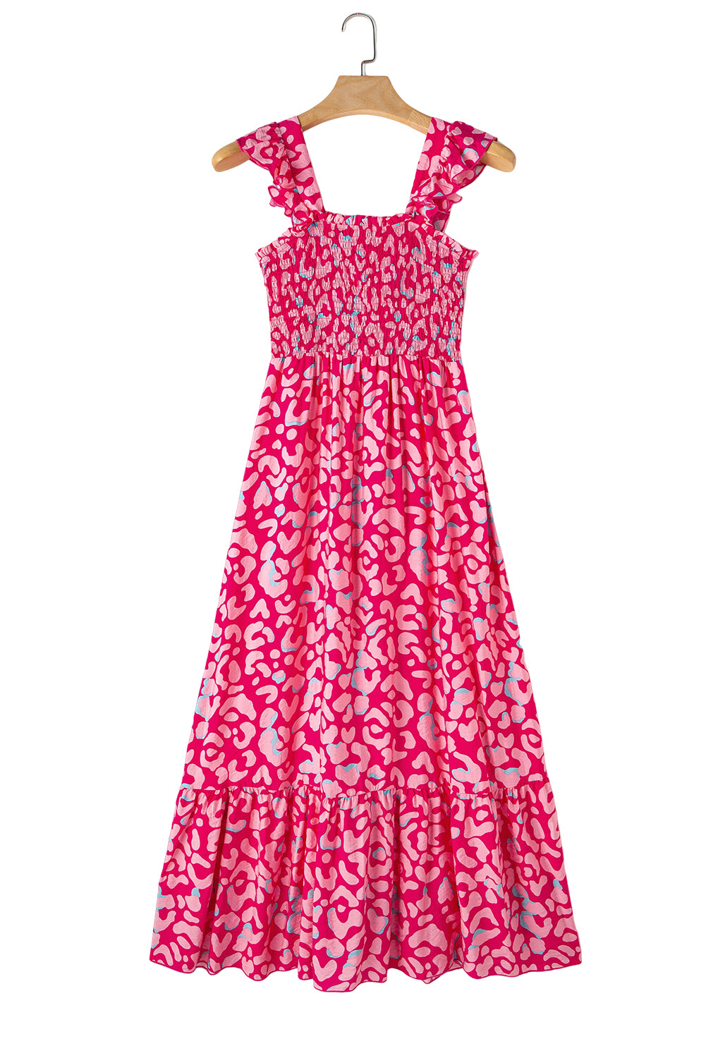 Rose Leopard Ruffle Straps Smocked High Waist Maxi DressMaterial:80%Viscose+20%Polyamide



		This dress with print is a fashionable choice for any occasion
	
	
		Its leopard print adds a trendy touch while the ruffl