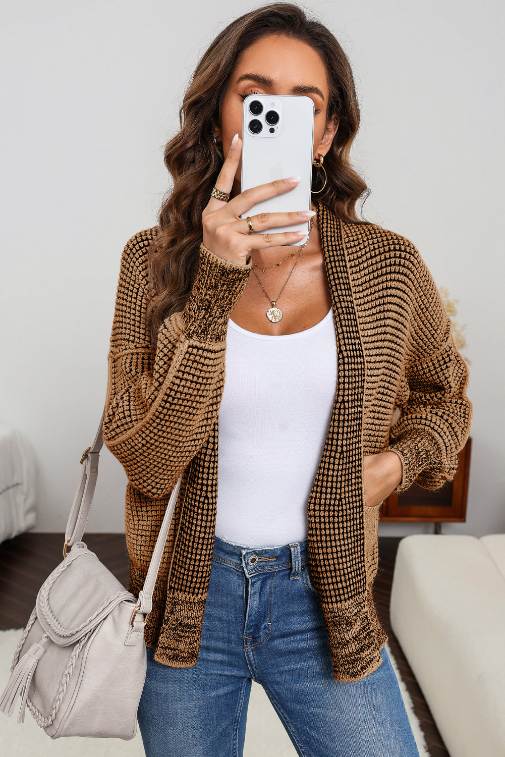 Gray Chunky Knit Pockets Drop Sleeve Cardigan