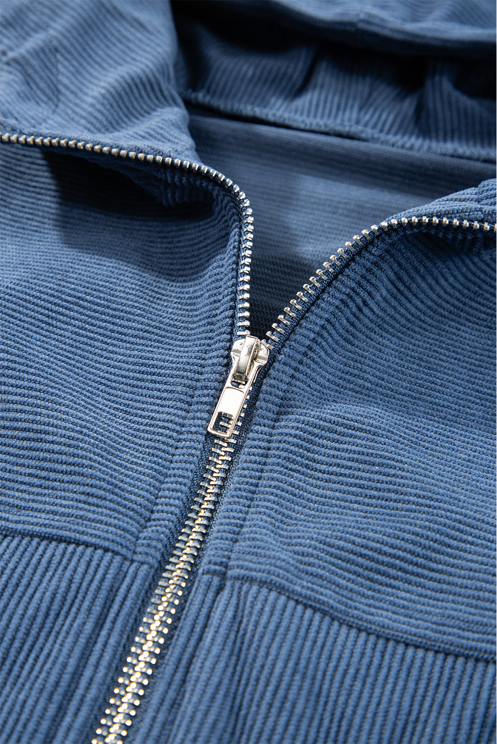 White Corduroy Drawstring Hooded Pocket Zip Up Jacket