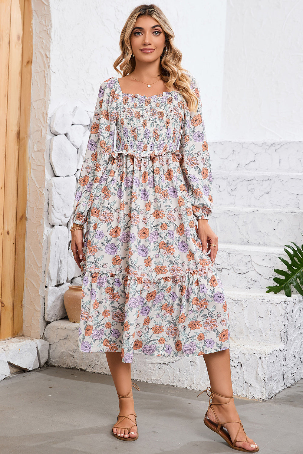 Multicolor Floral Print Smocked Pocketed Flared Midi DressMaterial:100%Polyester



		Get ready to turn heads in this gorgeous floral dress
	
	
		Featuring a square neckline and flowy tiered midi-length skirt silhouett