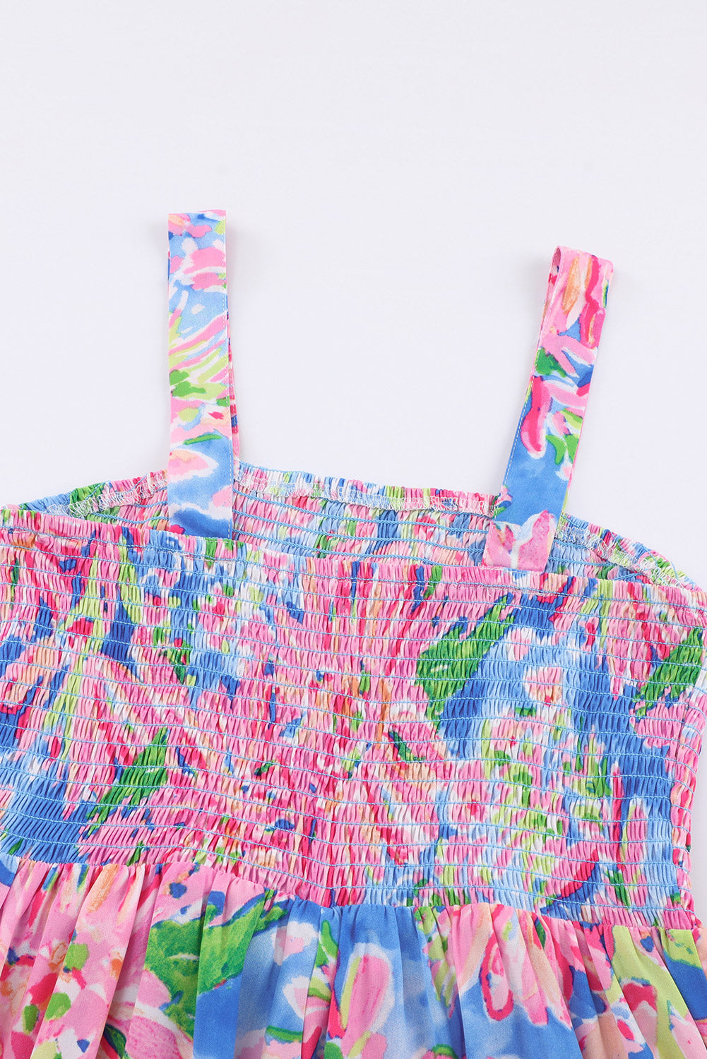 Pink Abstract Floral Painting Smocked Wide Leg JumpsuitMaterial:100%Polyester



		The jumpsuit features a colorful abstract floral print that adds a playful touch to the piece. 
	
	
		The smocked bodice creates a f