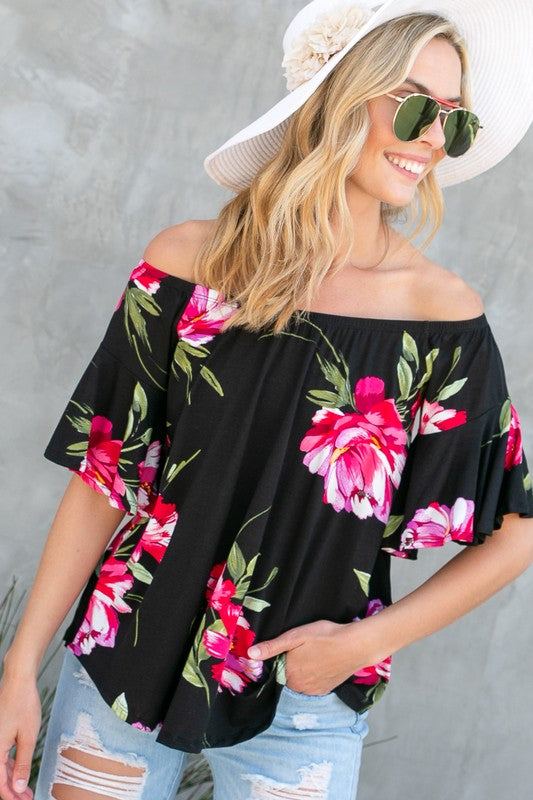 FLORAL OFF SHOULDER TOPFLORAL PRINT JERSEY ELASTICIZED OFF SHOULDER TOP- Floral off shoulder top- Elasticized off shoulder neckline- Ruffle short sleeves- Loose fit- Allover floral print j