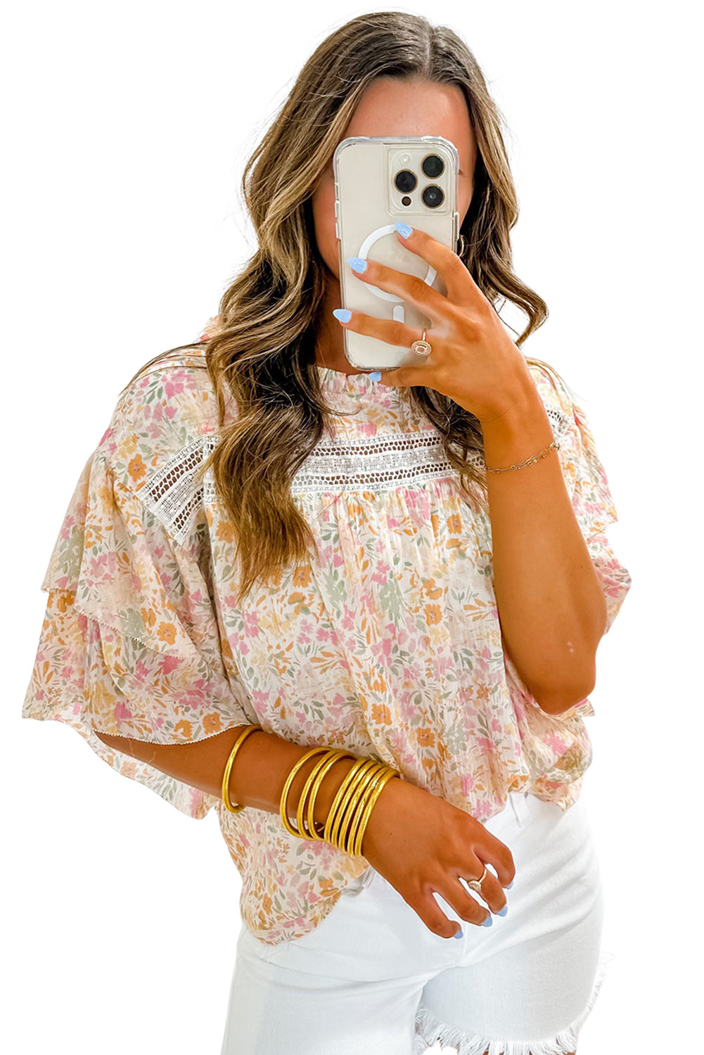 Multicolor Floral Print Wide Batwing Sleeves BlouseMaterial:100%Polyester



		The round neck design gives a classic touch to the blouse
	
	
		Wide ruffle sleeves make a statement and add volume
	
	
		Lace sp