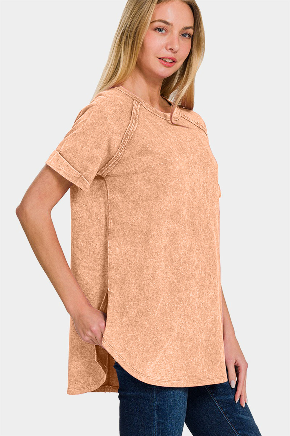 Zenana Heathered Round Neck Short Sleeve TopThe Heathered Round Neck Short Sleeve Blouse is a versatile and timeless piece that belongs in every wardrobe. With its heathered texture and round neckline, this bl