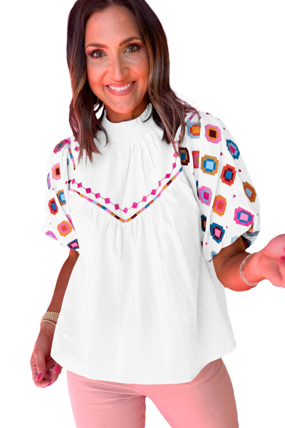 White Geometric Embroidered Smocked Neck Puff Sleeve TopMaterial:100%Cotton


	


		Elevate your style with our top, a charming piece that combines trendy details with a touch of elegance.
	
	
		This top features i