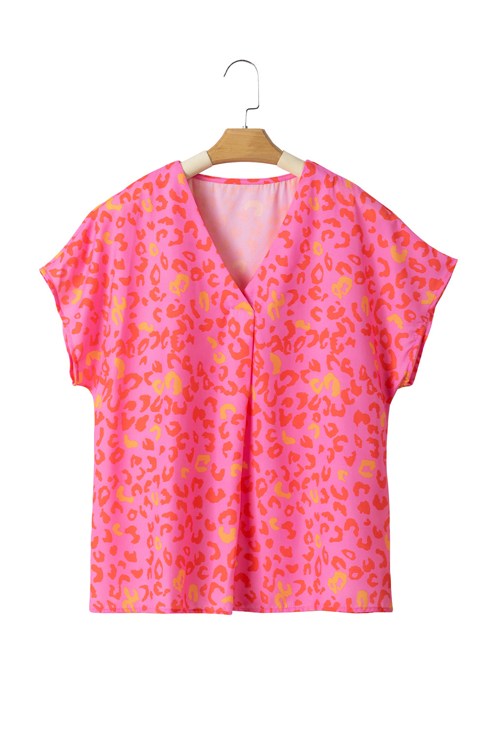 Pink Leopard V Neck Short Sleeve BlouseMaterial:100%Polyester


	


		The blouse features a trendy V-neck design and short sleeves, combining comfort with a fashionable edge. 
	
	
		The eye-catchin