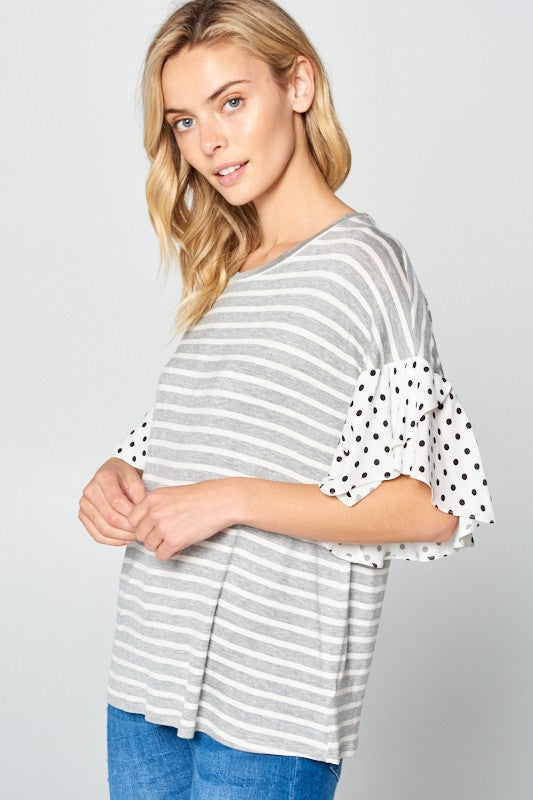 POLKA DOT RUFFLE SLEEVE TOPSTRIPE JERSEY WOVEN POLKA DOT MIX AND MATCH ROUND NECK RUFFLE SLEEVE TOP95% RAYON, 5% SPANDEX MADE IN USAS/M/L 2-2-2
Style: Casual
Print / Pattern: STRIPE and POLKA 