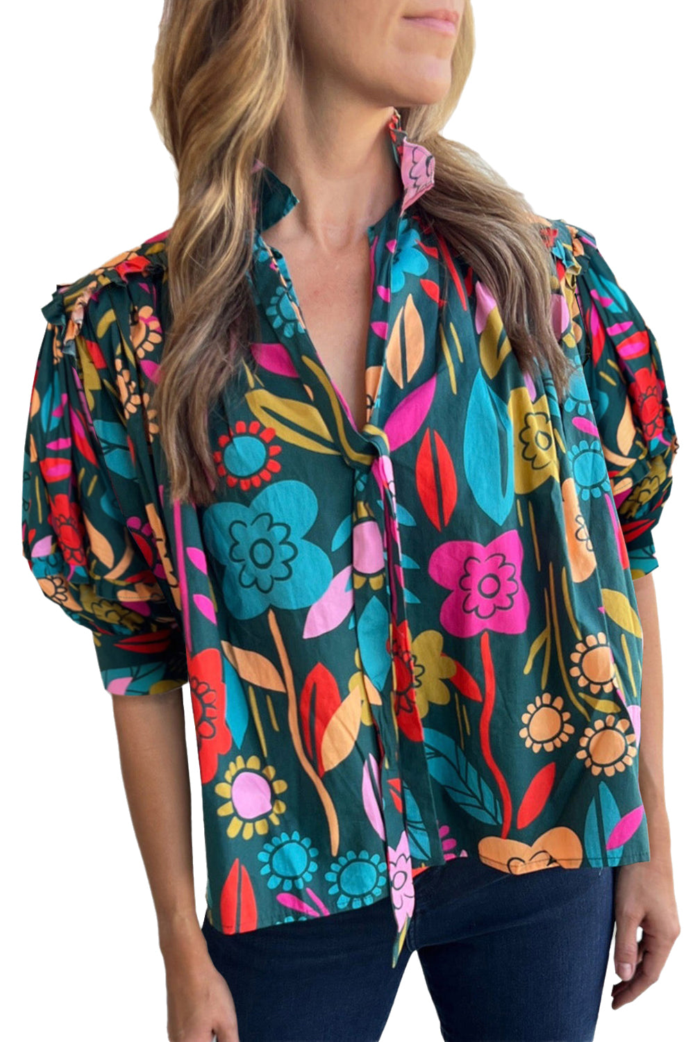 Green 60s Floral Print Puff Sleeve Tied V Neck BlouseMaterial:100%Cotton



		The blouse features a vibrant and eye-catching floral print, adding a pop of color and liveliness to your outfit.
	
	
		This blouse is 