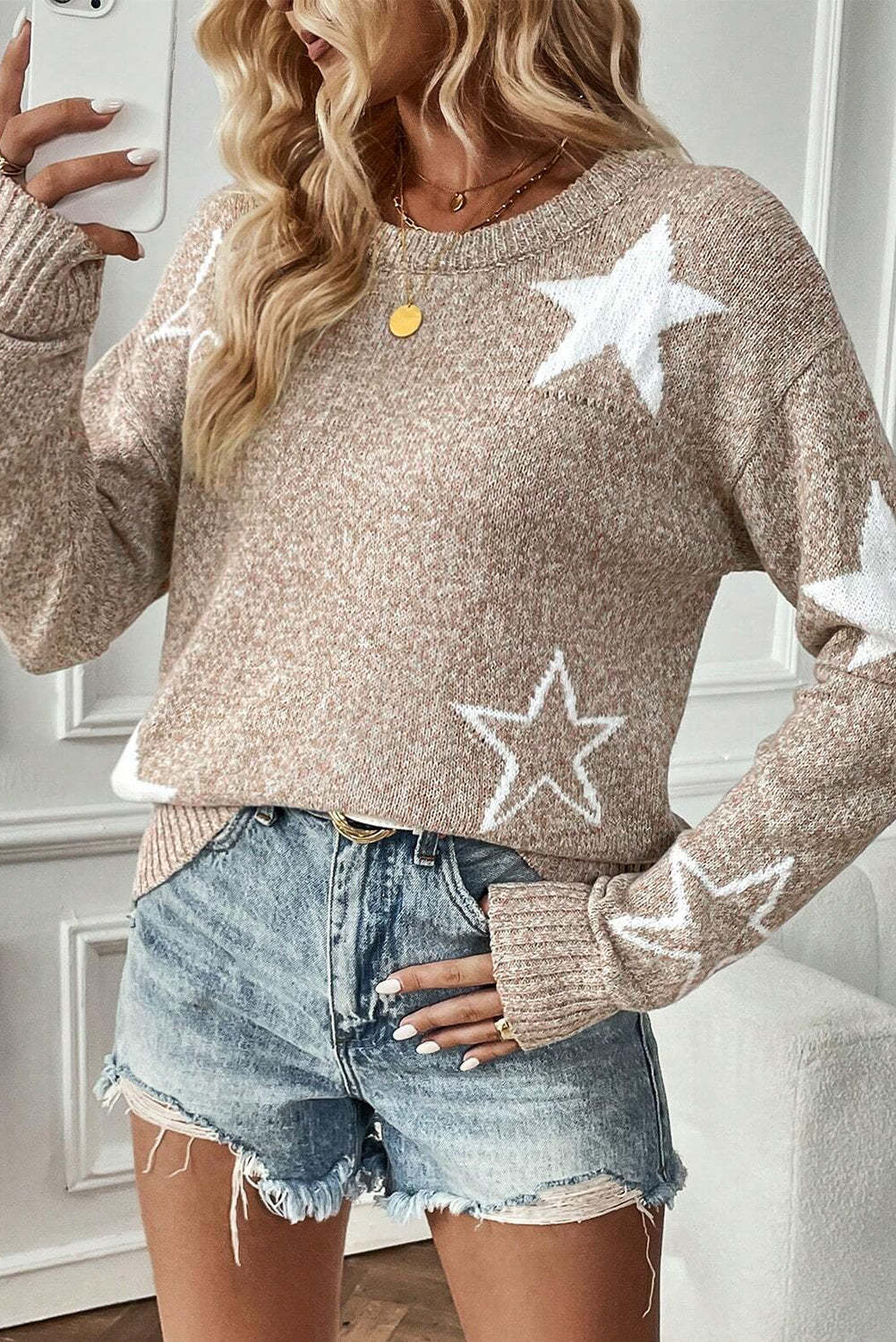 Khaki Star Pattern Drop Shoulder Knit SweaterMaterial:100%Polyester

• Elevate your casual look with our sweater, featuring a trendy star design on a cozy rib-knit fabric.
• The drop shoulder design adds a ch