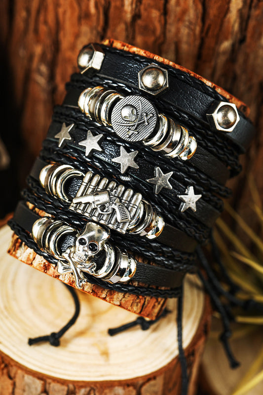 Black Gun Skull Star PU Leather Bracelet Set