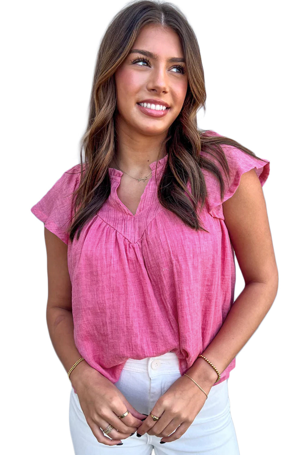 Bright Pink Frill V Neck Splicing Pleated BlouseMaterial:65%Viscose+35%Polyester



		Elevate your wardrobe with our blouse, a versatile and stylish piece that exudes sophistication and charm.
	
	
		This blou