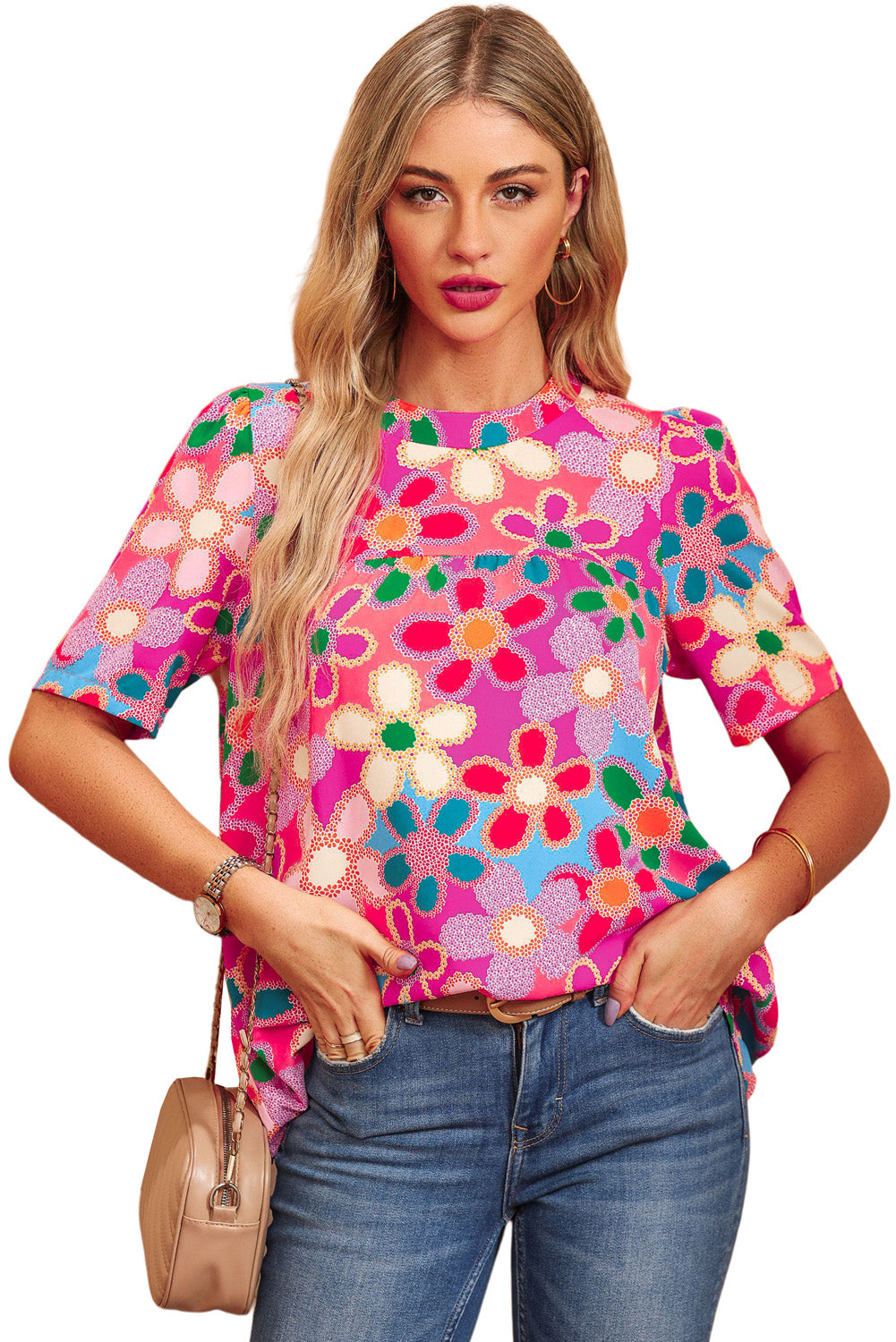 Purple Floral Print Crew Neck Short Sleeve BlouseMaterial:100%Polyester



		This blouse can be ordered in bulk for wholesale purposes.
	
	
		The floral print creates a delicate and romantic look.
	
	
		The