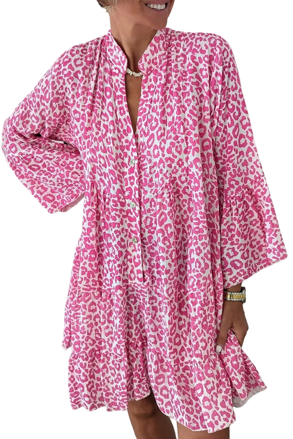 Bright Pink Leopard Print Flounce Sleeve Mini DressMaterial:100%Polyester

• Stand out in style with our mini dress, perfect for both casual outings and special occasions.
• The vibrant pink hue of this dress compl