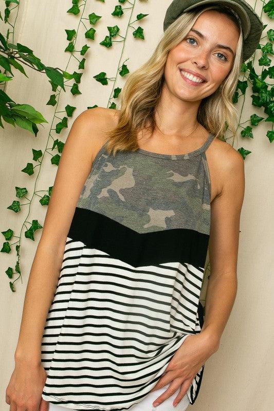 PLUS STRIPE CAMO MIX HALTER TOPPLUS STRIPE SOLID CAMOUFLAGE PRINT JERSEY MIXED ROUND NECK HALTER TOP- MADE IN U.S.A.
Style: Casual
Print / Pattern: STRIPE SOLID CAMOUFLAGE
Fit: Loose
Neck Line: RO