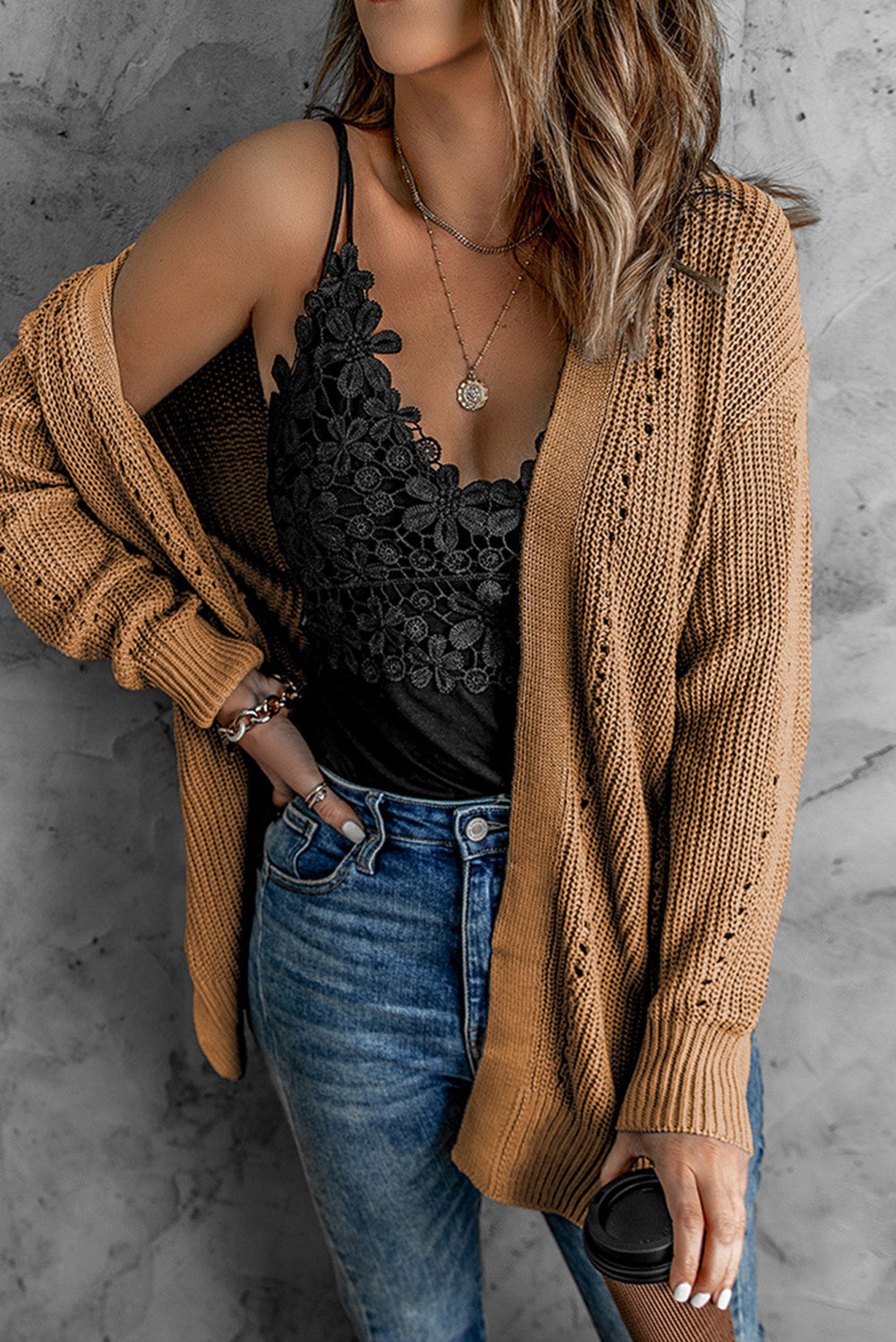 Khaki Fall Long Sleeve Long Cardigan Sweater