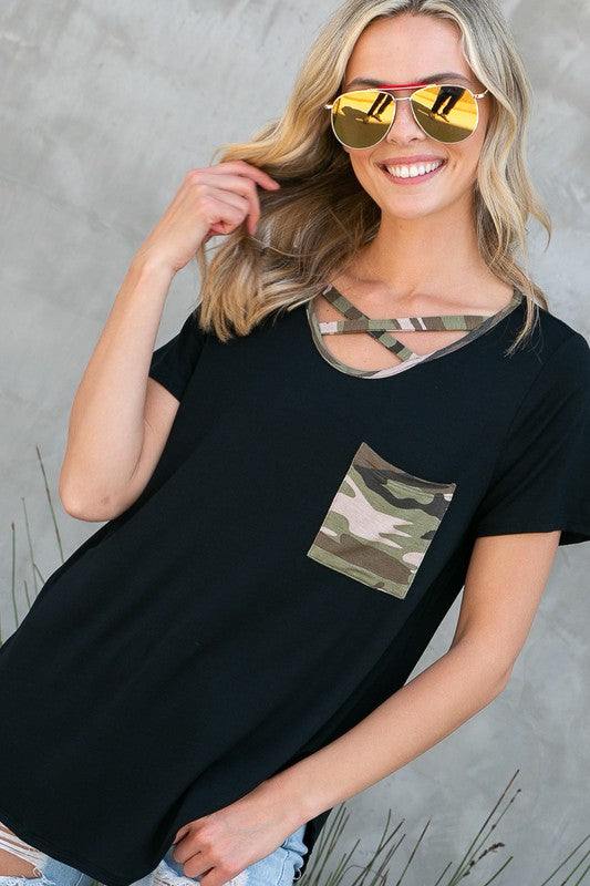 PLUS CAMOUFLAGE PRINT BASIC TOP- Plus camouflage print mixed basic top- Lace up v neck - Short sleeves and chest pocket- Camouflage print and solid jersey mixed- 1X/2X/3X 2-2-2- 95% RAYON, 5% SPAN