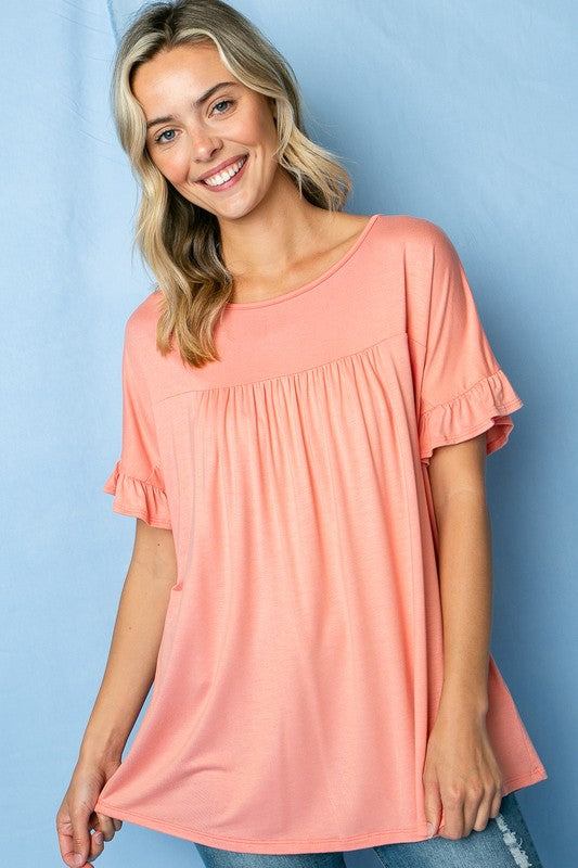 PLUS SOLID RUFFLED SL BABY DOLL TOPPLUS SOLID JERSEY ROUND NECK RUFFLED SHORT SLEEVE BABY DOLL TOP95% RAYON, 5% SPANDEX MADE IN USA1X/2X/3X 2-2-2
Style: Casual
Print / Pattern: SOLID
Fit: Loose
Neck L