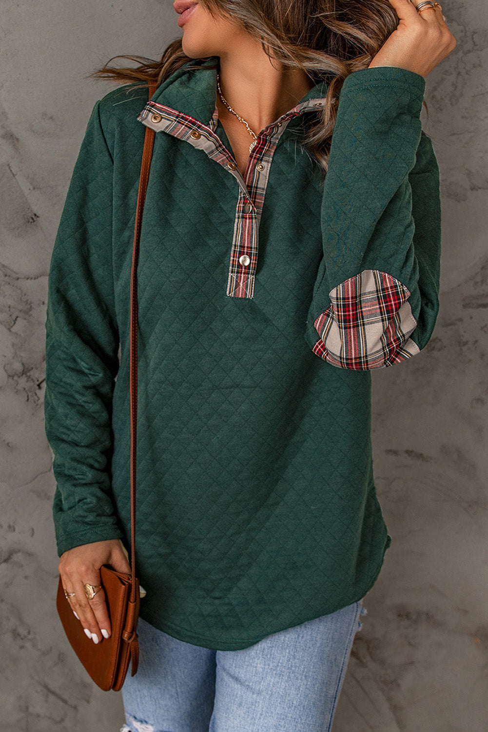 Red Plaid Geometric Texture Trim Button Neck Sweatshirt