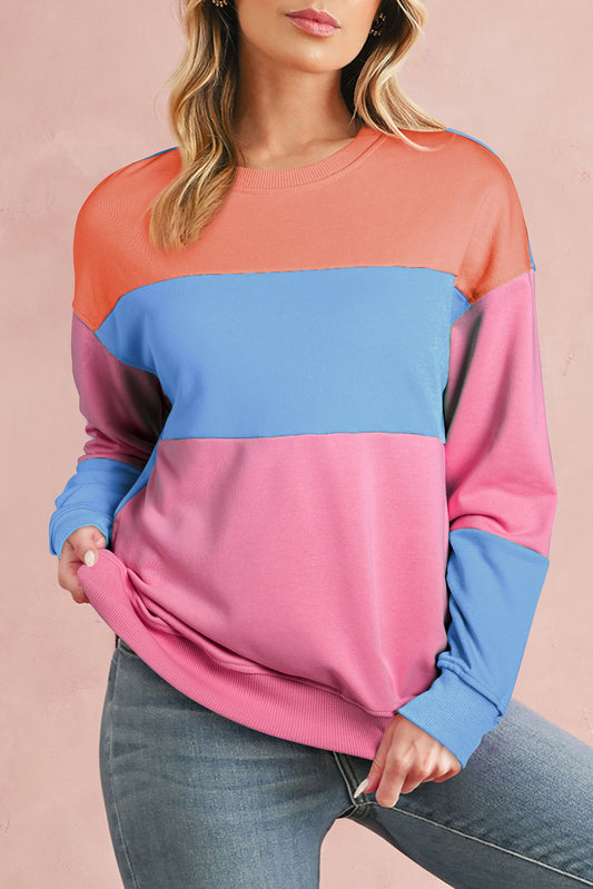 Bright Pink Colorblock Patchwork Drop Shoulder SweatshirtMaterial:70%Polyester+30%Cotton

• Embrace a blend of casual charm and trendy style with our sweatshirt, perfect for a relaxed yet fashionable look. 
• Crafted wit